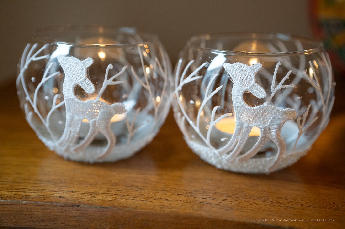 Two Christmas Glitter Glass Reindeer Winter Tea Light Holders