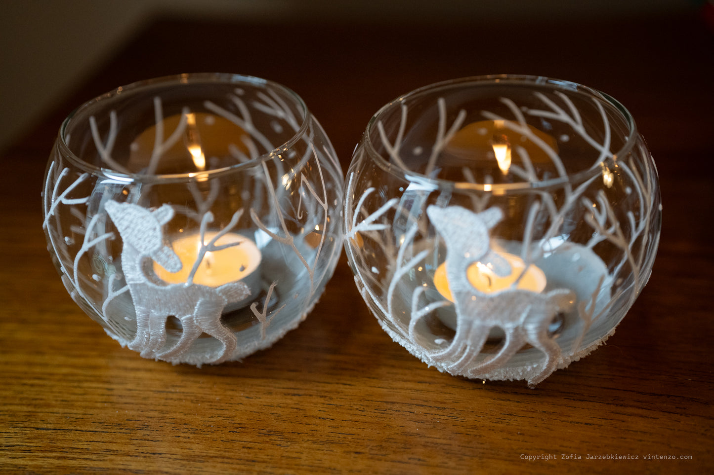 Two Christmas Glitter Glass Reindeer Winter Tea Light Holders