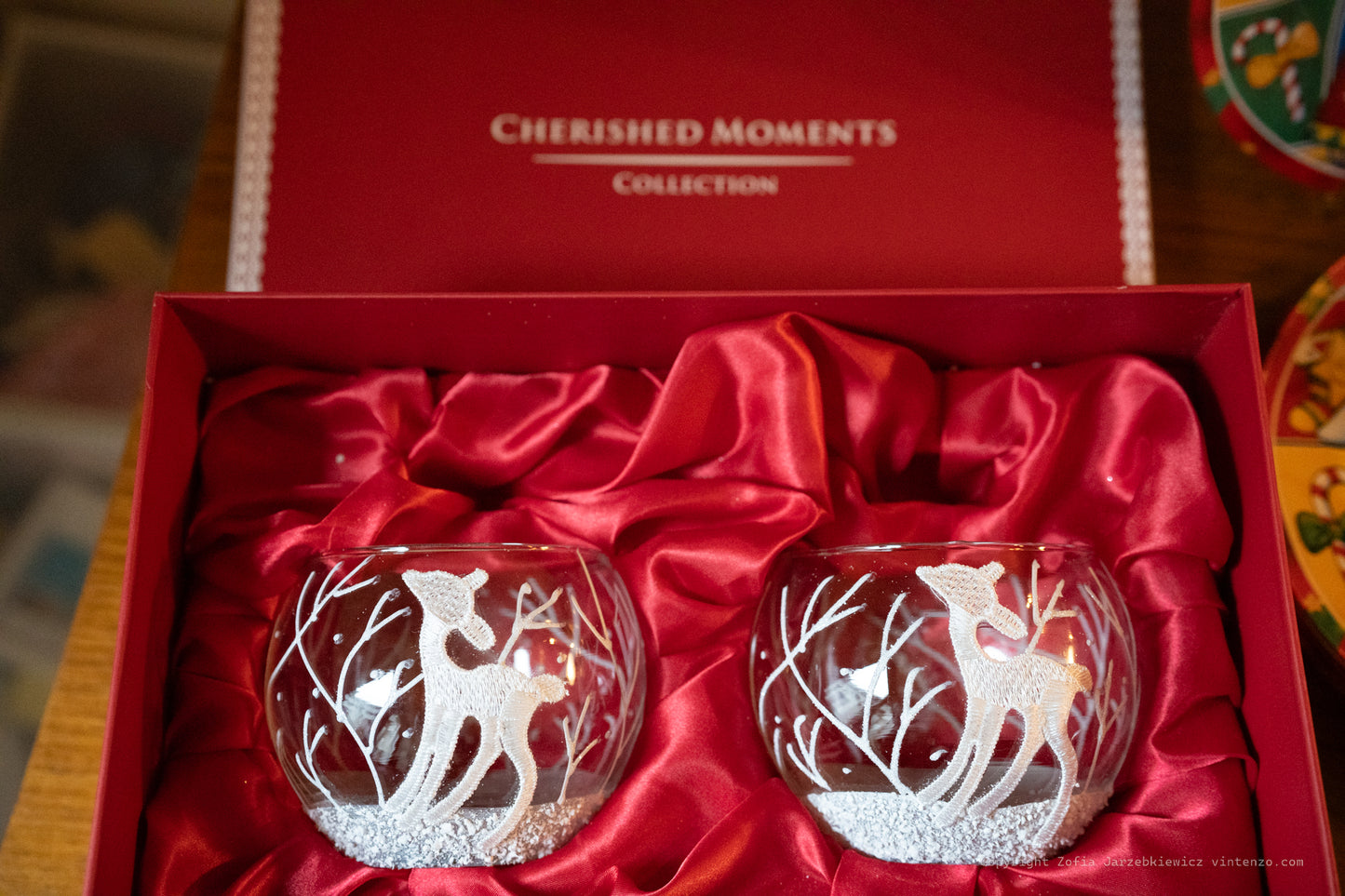 Two Christmas Glitter Glass Reindeer Winter Tea Light Holders