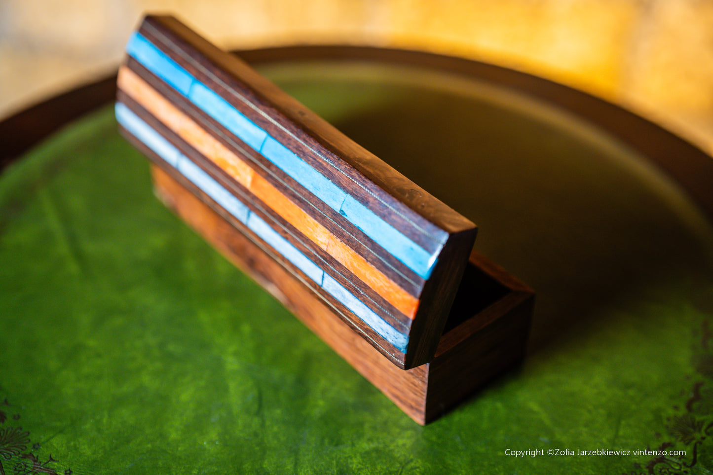 Vintage Wooden Box with Colourful Stripes on Top