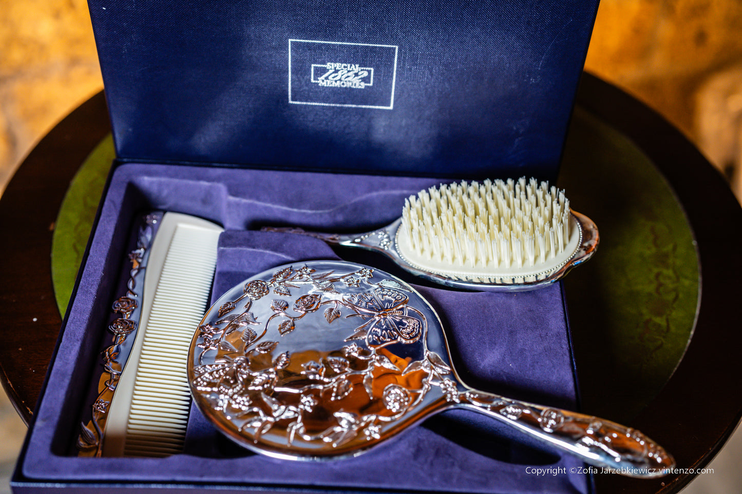 Vintage 3 Piece Silver Plated Vanity Set, Boxed