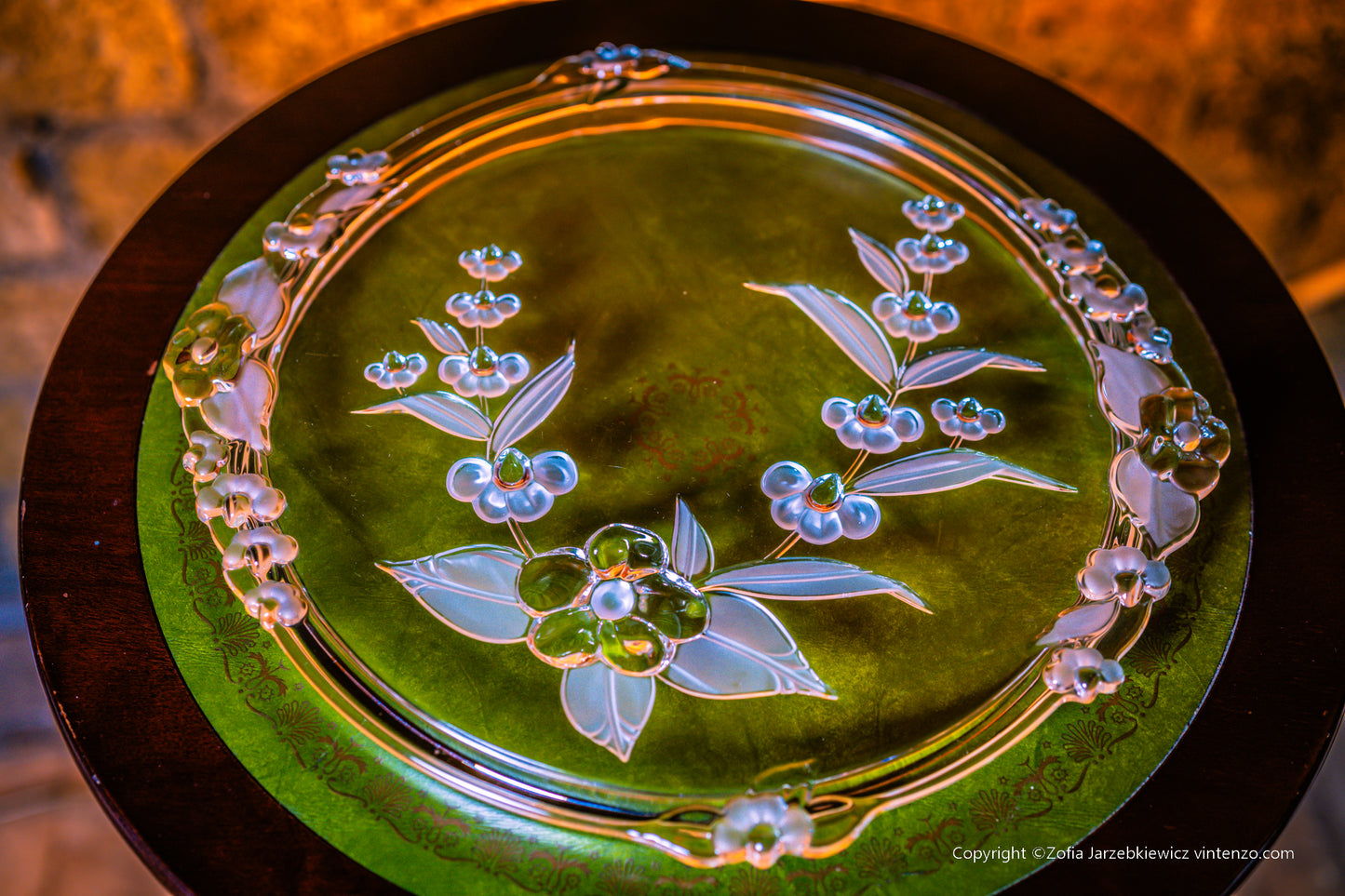 Walther Glass Tray Cake Stand with Embossed Flower Pattern Round Lipped Handles
