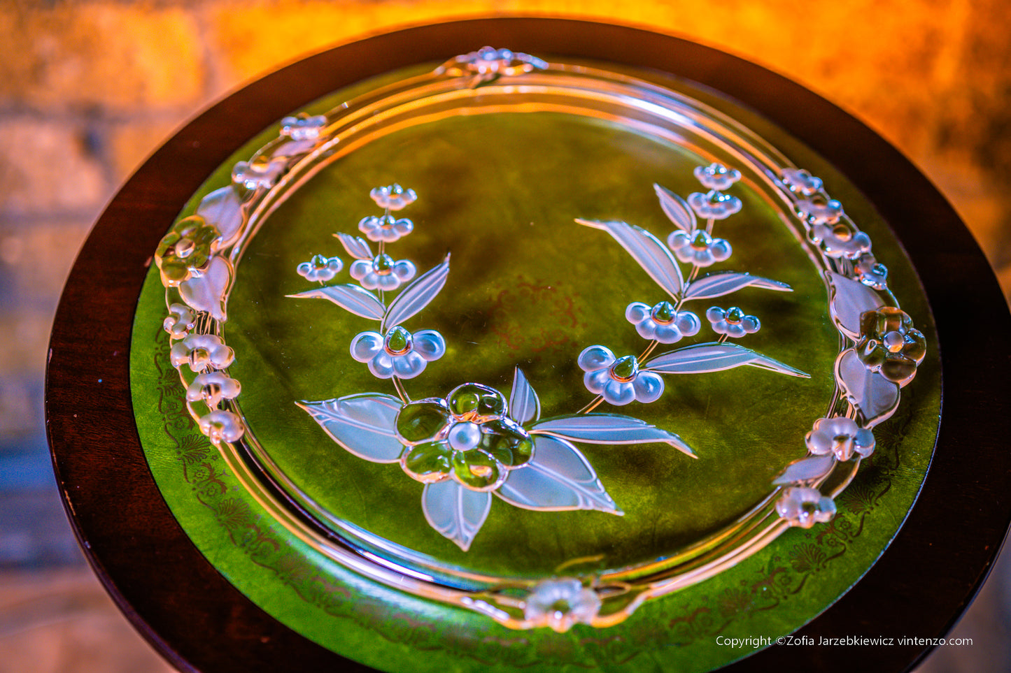 Walther Glass Tray Cake Stand with Embossed Flower Pattern Round Lipped Handles