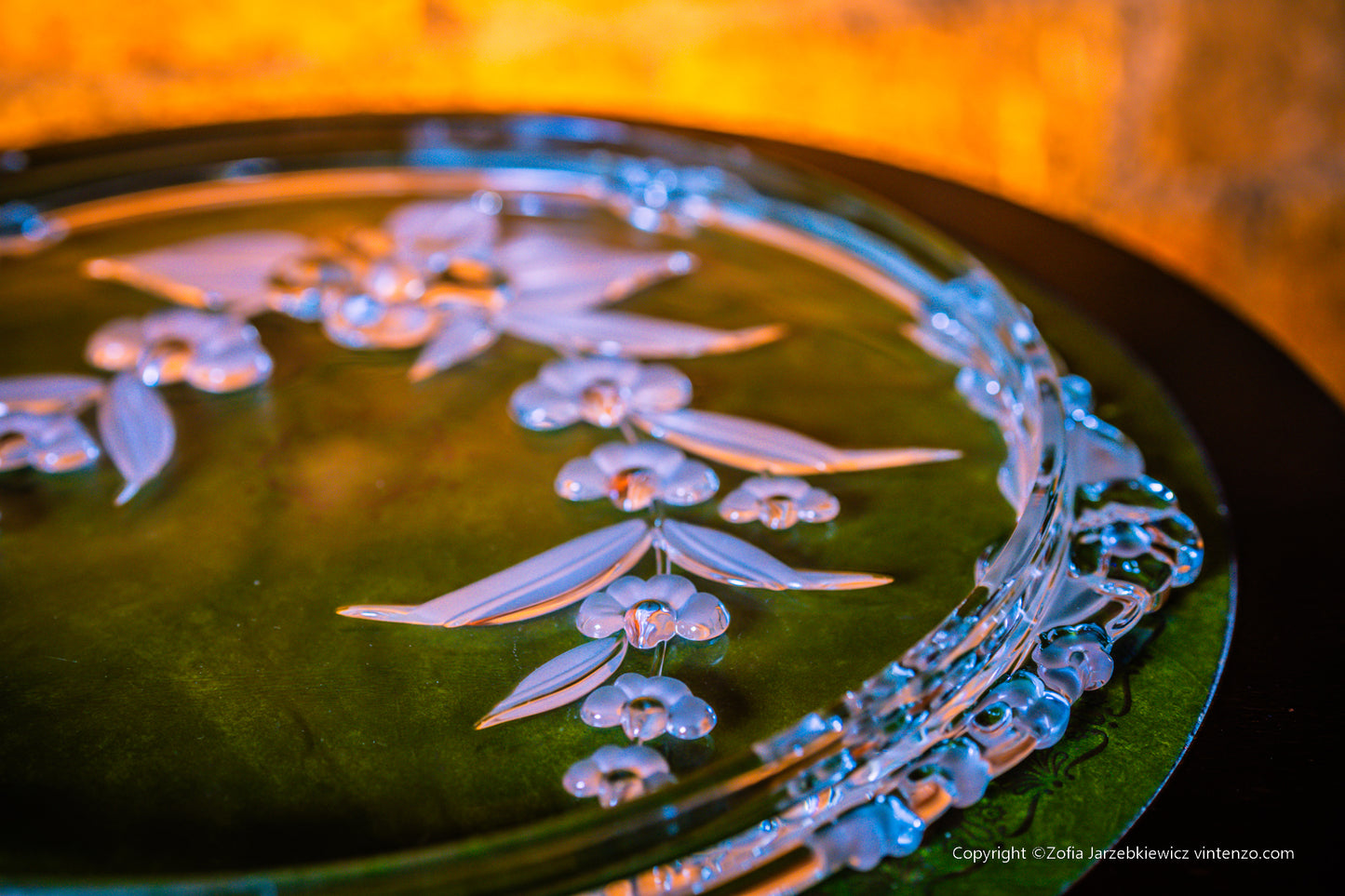 Walther Glass Tray Cake Stand with Embossed Flower Pattern Round Lipped Handles