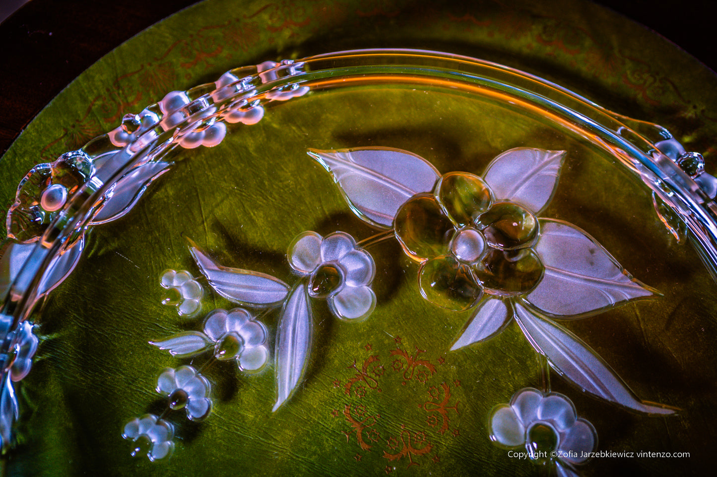 Walther Glass Tray Cake Stand with Embossed Flower Pattern Round Lipped Handles