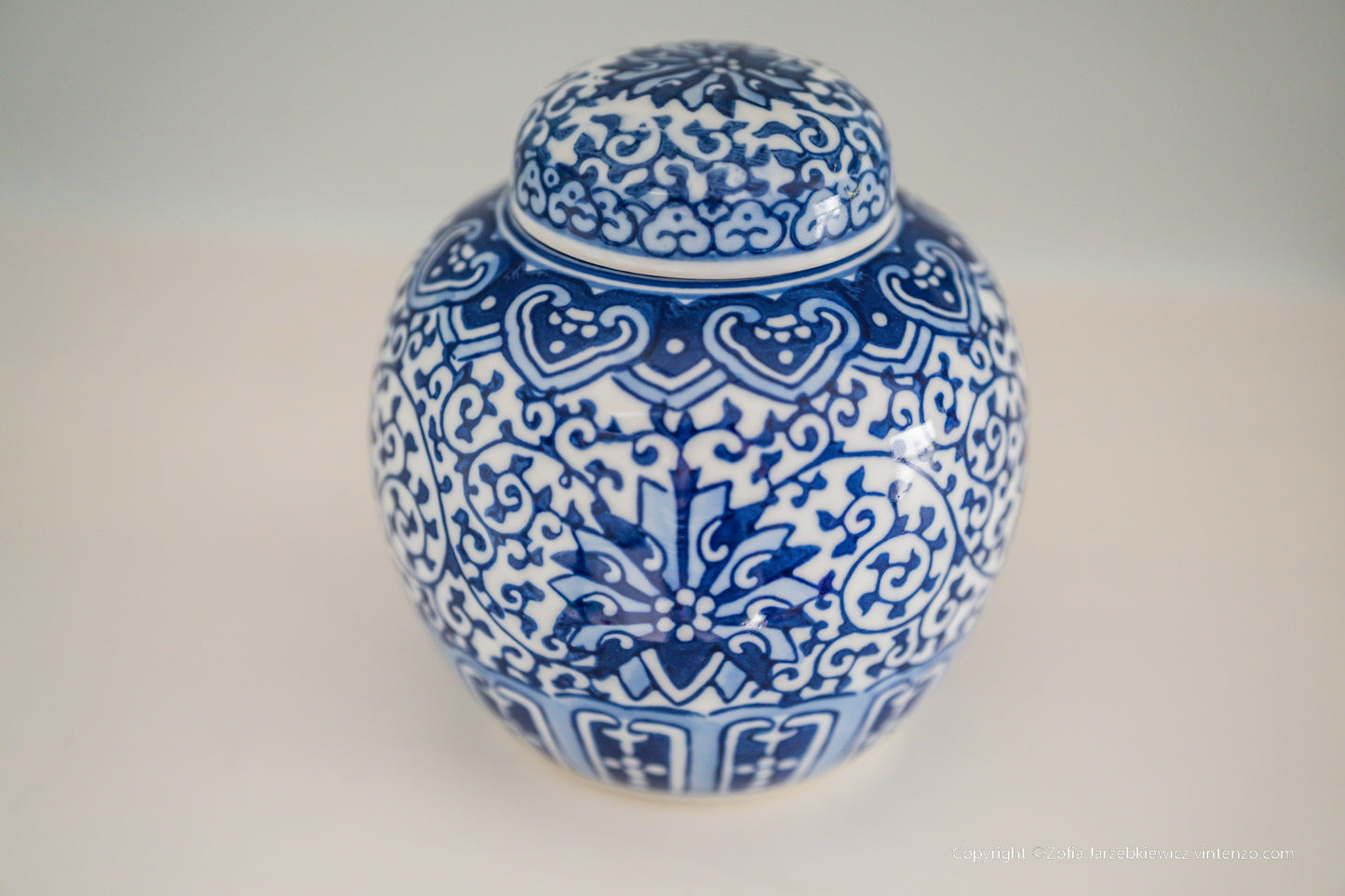 Vintage Blue and White Tangled Branches and Lotus Lid Jar