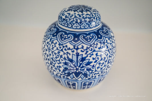 Vintage Blue and White Tangled Branches and Lotus Lid Jar