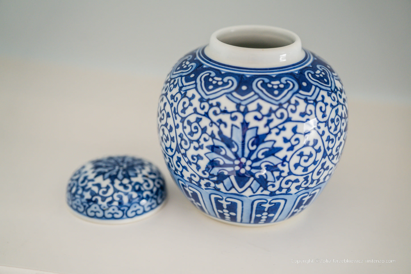 Vintage Blue and White Tangled Branches and Lotus Lid Jar