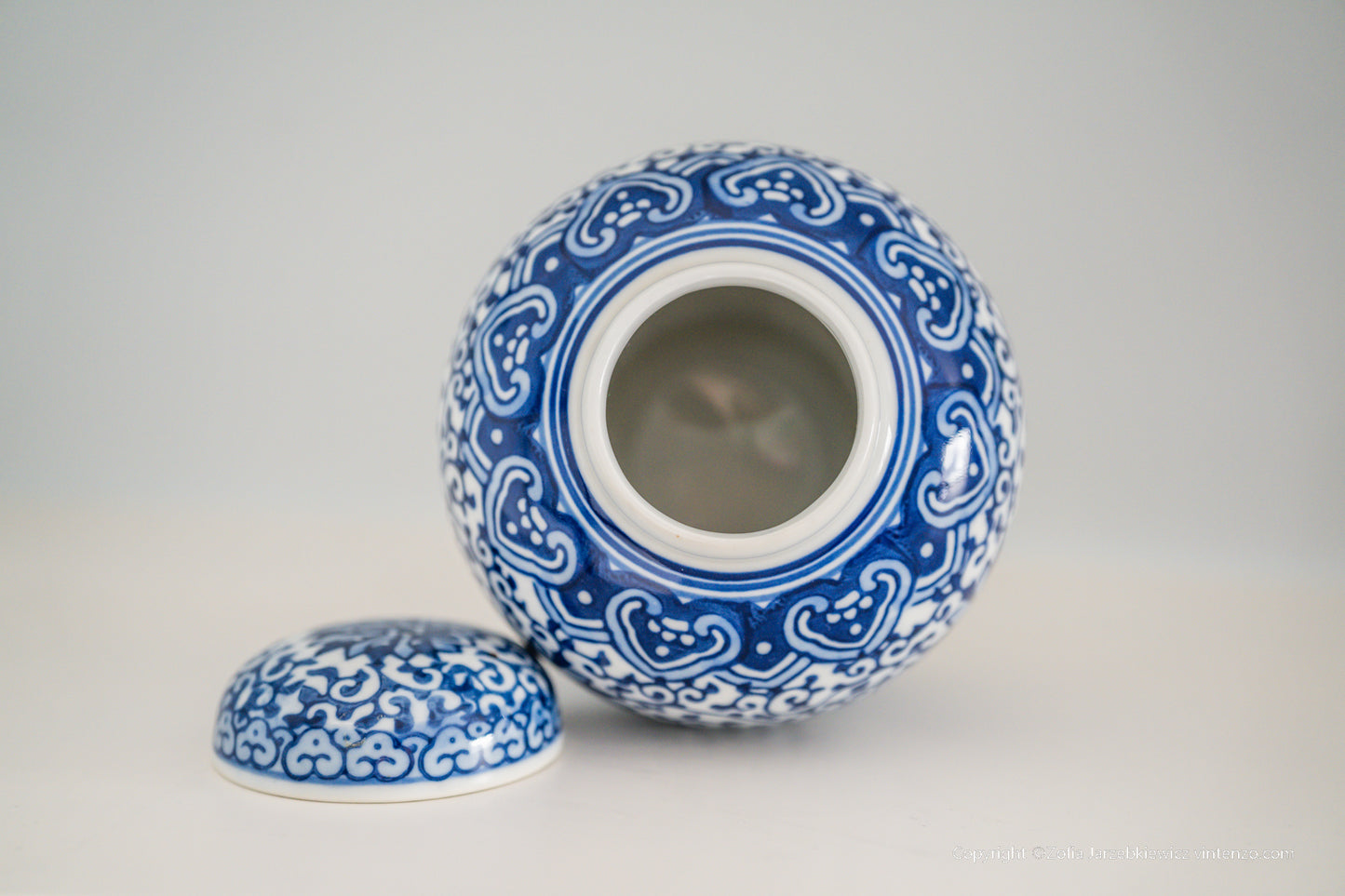 Vintage Blue and White Tangled Branches and Lotus Lid Jar
