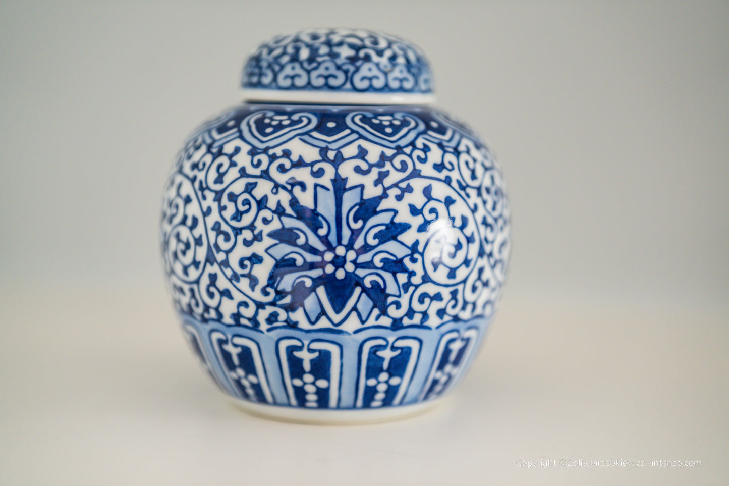 Vintage Blue and White Tangled Branches and Lotus Lid Jar