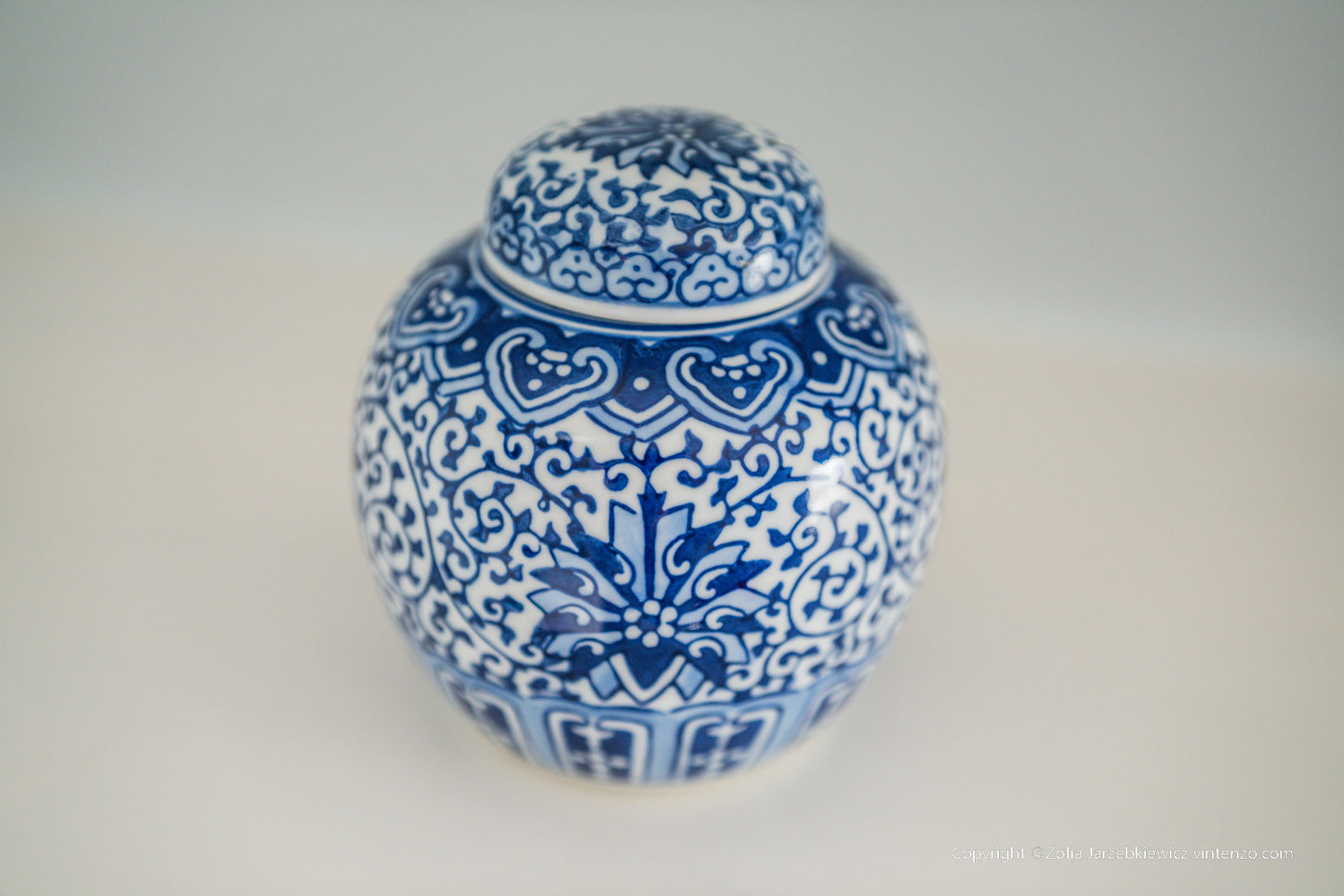 Vintage Blue and White Tangled Branches and Lotus Lid Jar