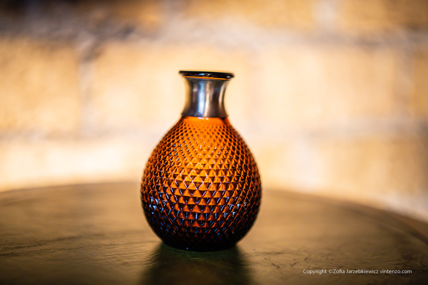Vintage Empoli Glass Amber Italian Diamond Small Vase With Brass Neck
