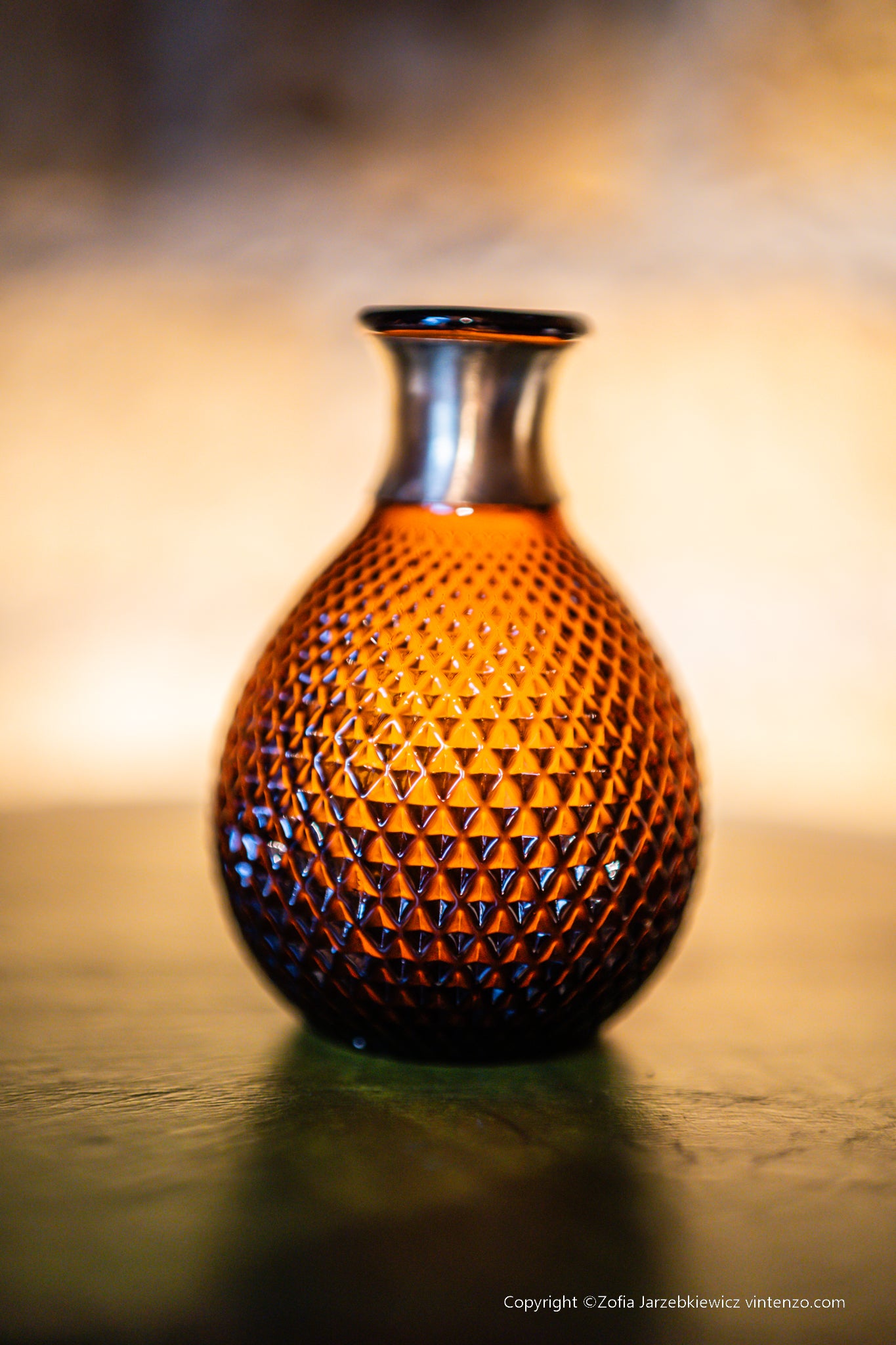 Vintage Empoli Glass Amber Italian Diamond Small Vase With Brass Neck
