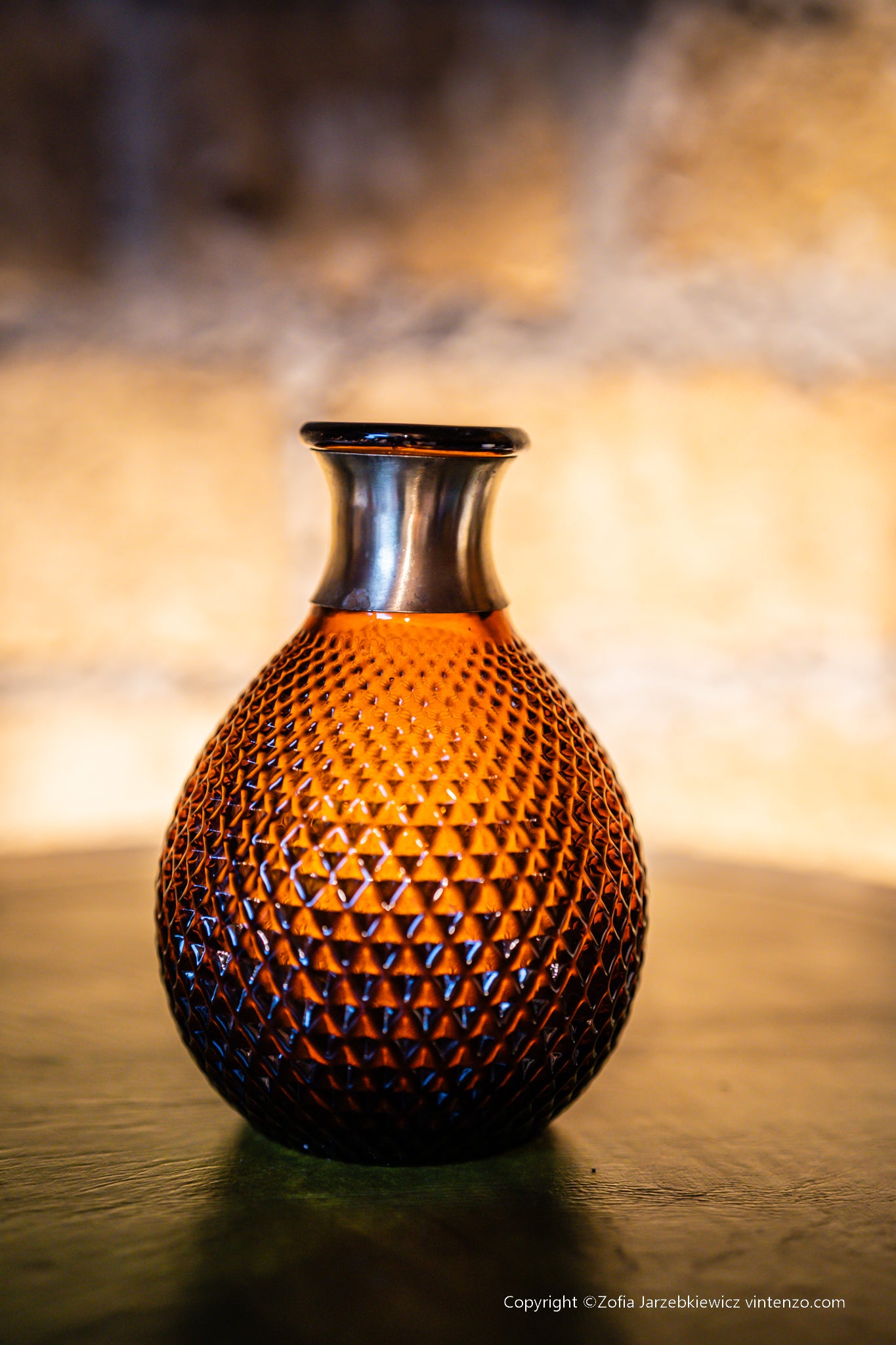 Vintage Empoli Glass Amber Italian Diamond Small Vase With Brass Neck