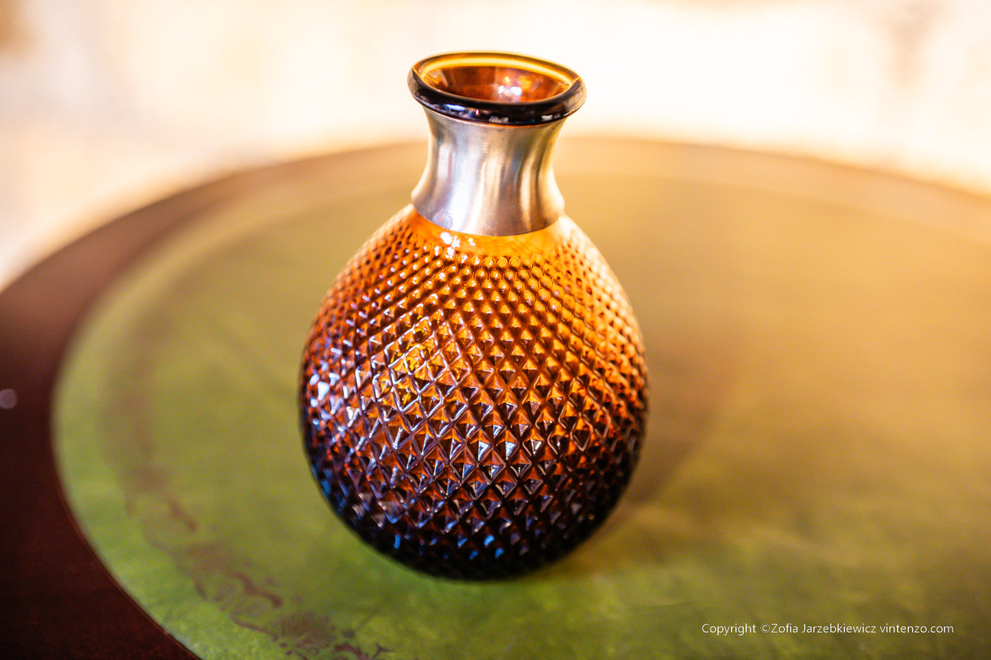 Vintage Empoli Glass Amber Italian Diamond Small Vase With Brass Neck