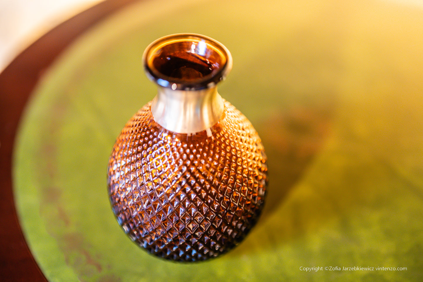 Vintage Empoli Glass Amber Italian Diamond Small Vase With Brass Neck