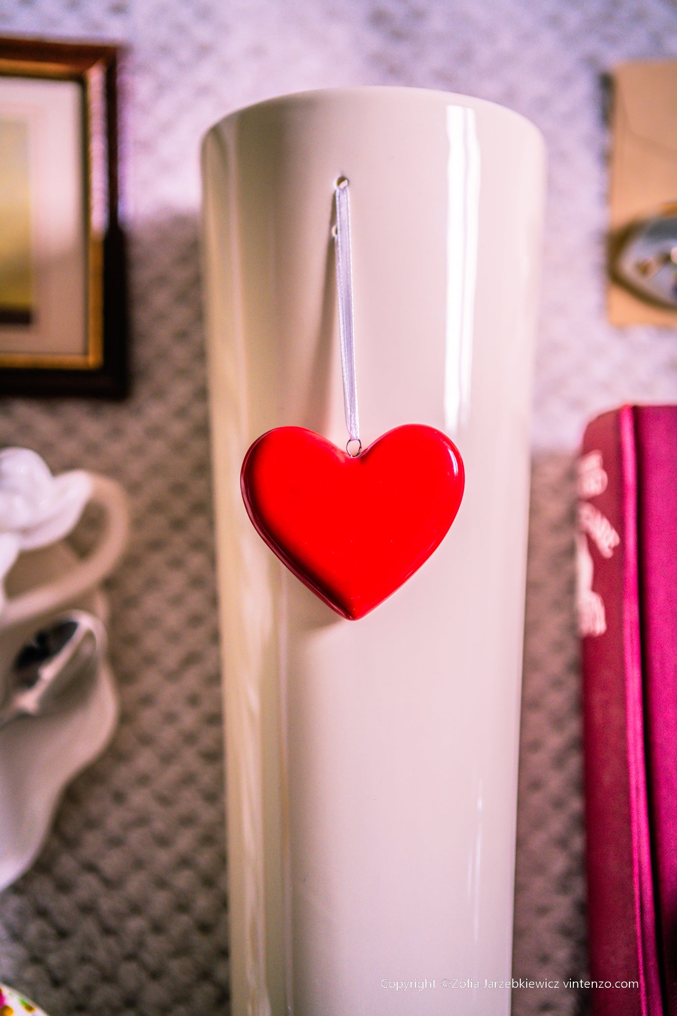 Tall Ceramic Cream Vase with a Red Ceramic Love Heart