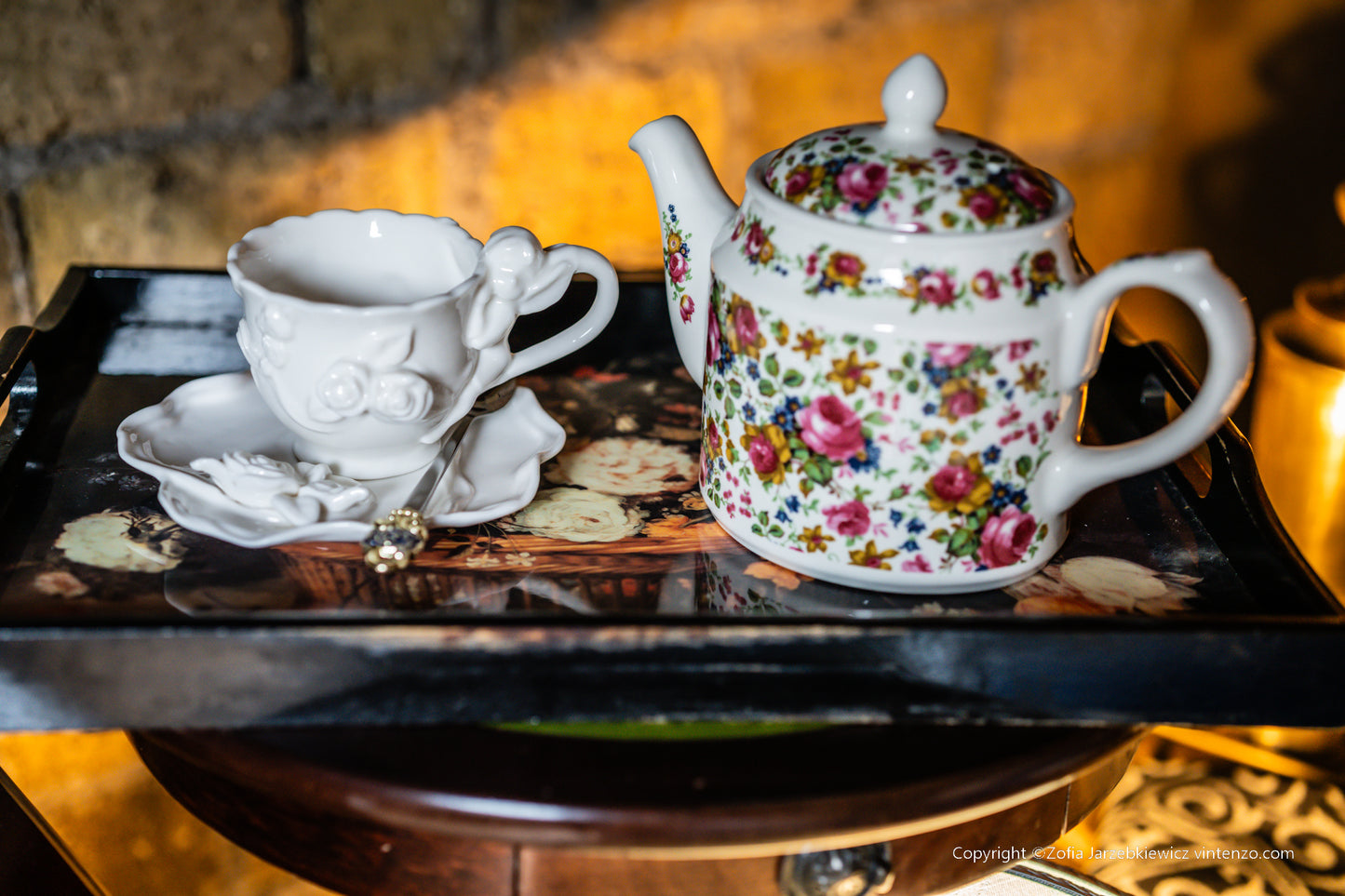 Cream Porcelain Cup and Saucer with 3D Roses and Cherub