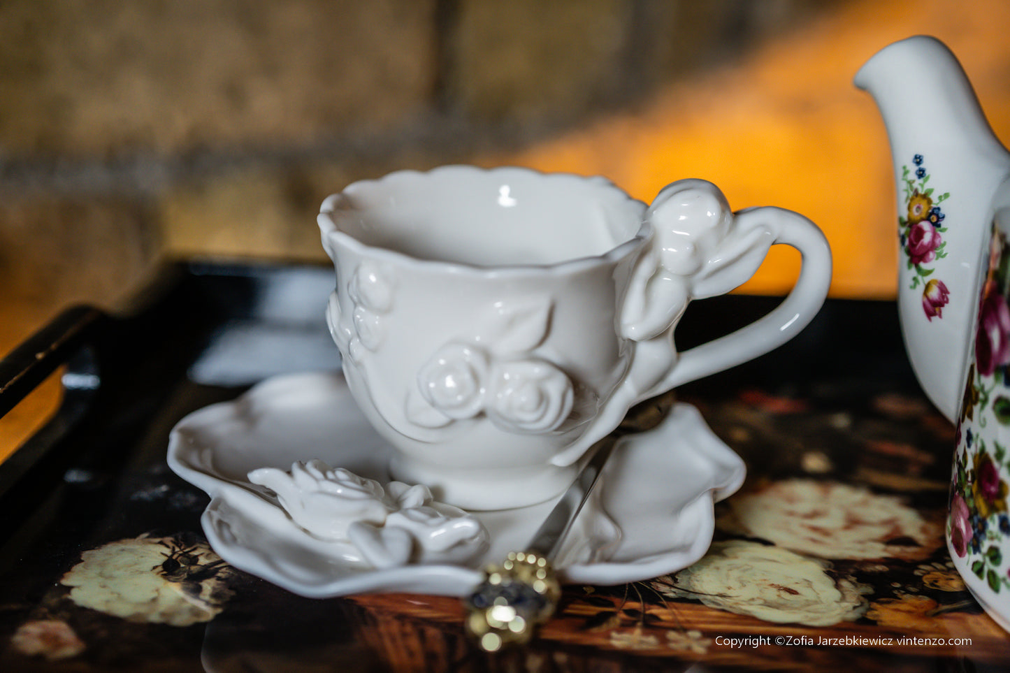 Cream Porcelain Cup and Saucer with 3D Roses and Cherub