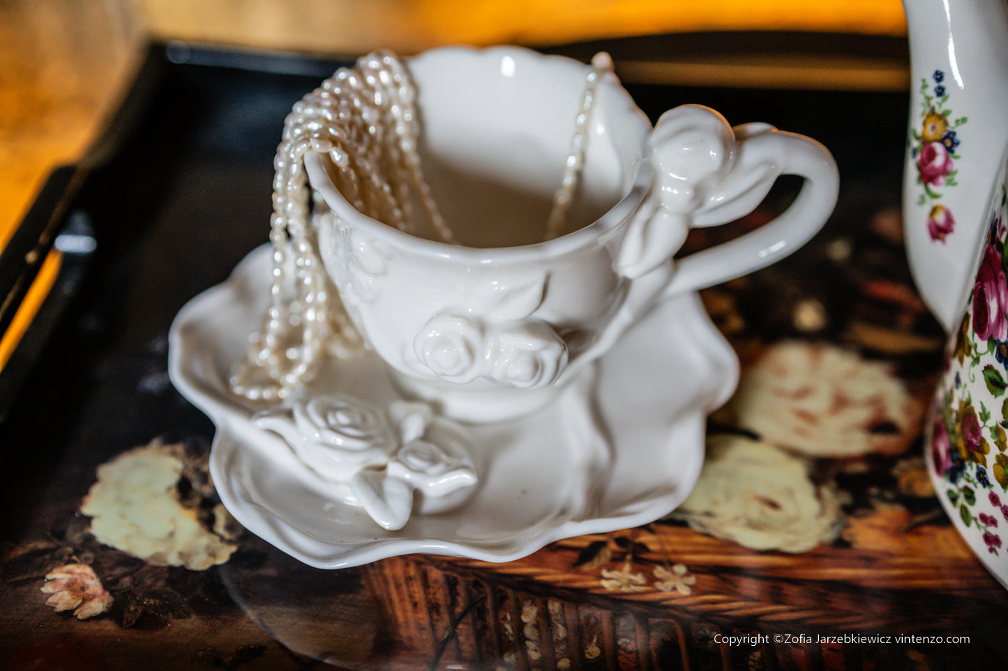 Cream Porcelain Cup and Saucer with 3D Roses and Cherub