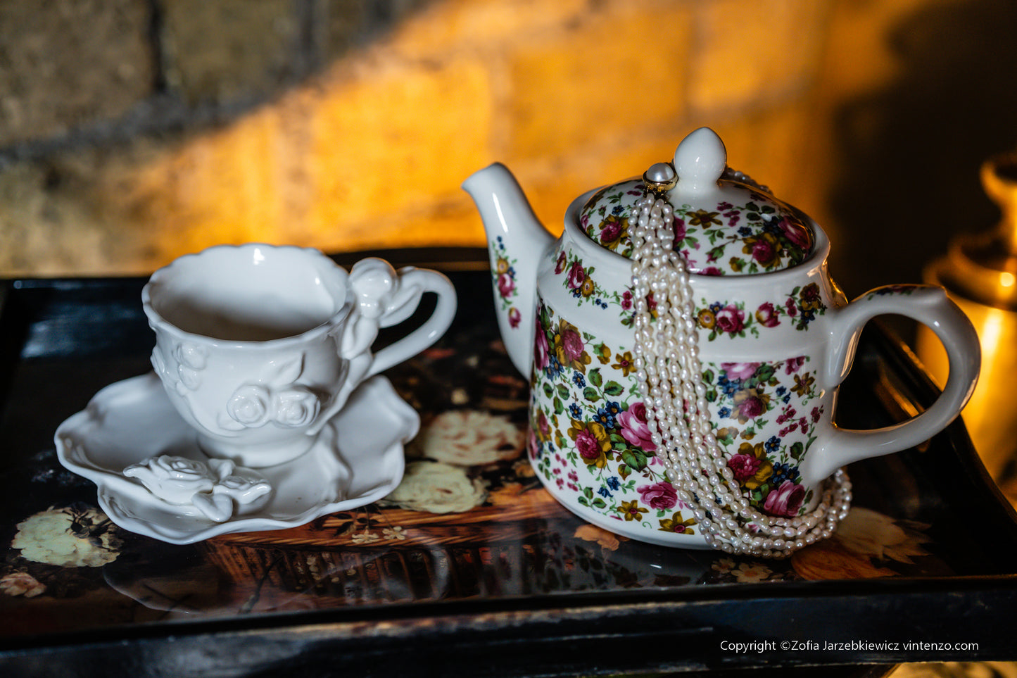 Cream Porcelain Cup and Saucer with 3D Roses and Cherub