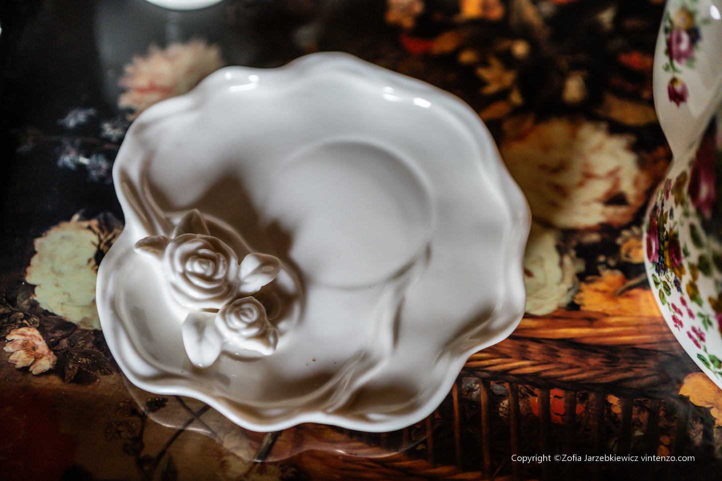 Cream Porcelain Cup and Saucer with 3D Roses and Cherub
