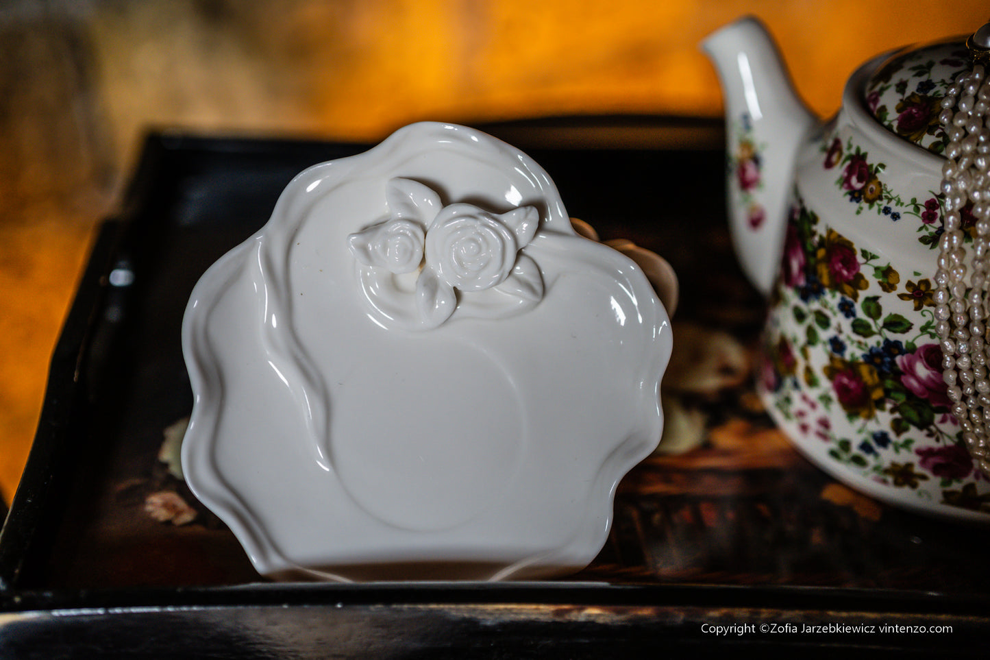 Cream Porcelain Cup and Saucer with 3D Roses and Cherub