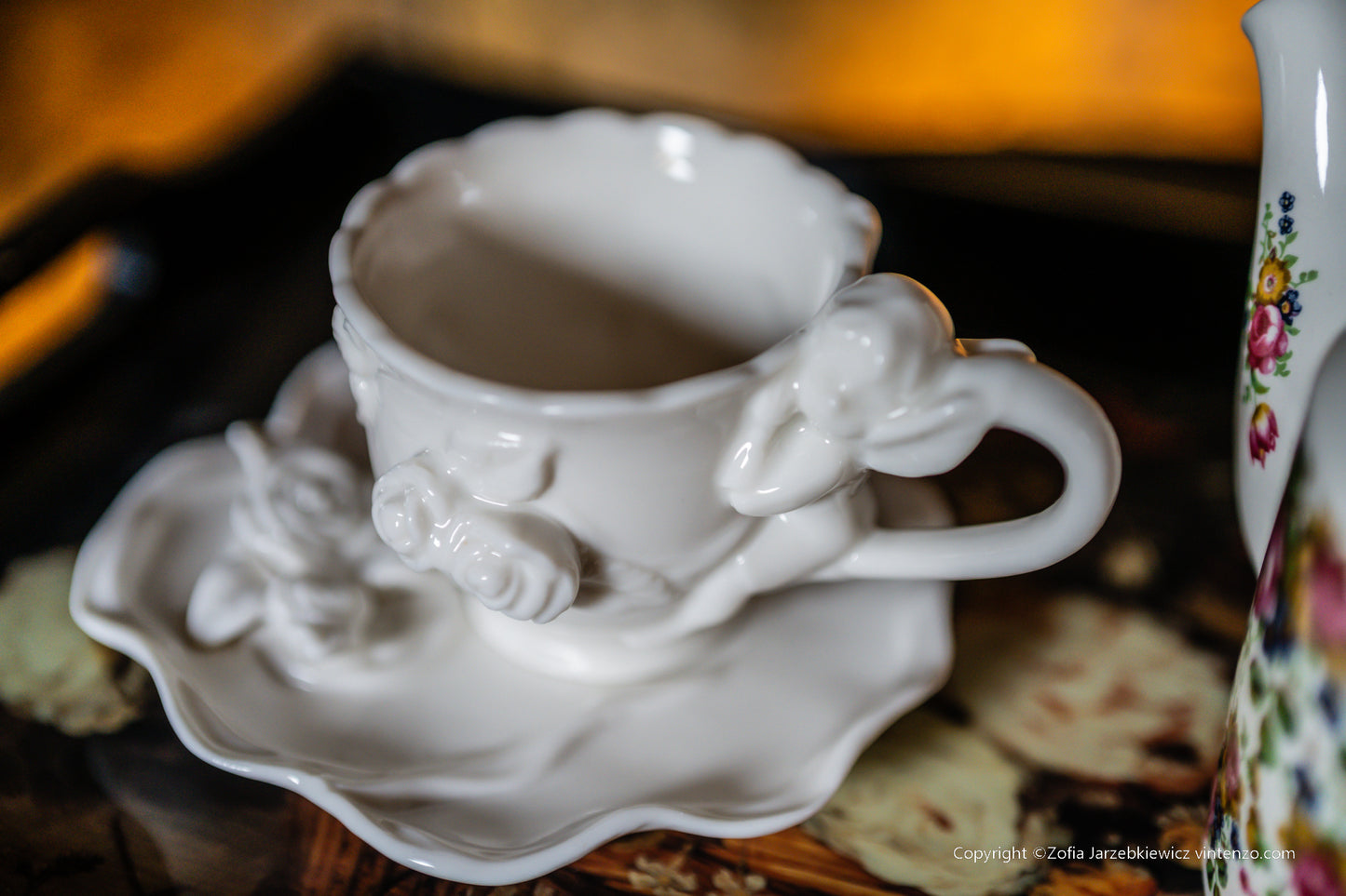 Cream Porcelain Cup and Saucer with 3D Roses and Cherub