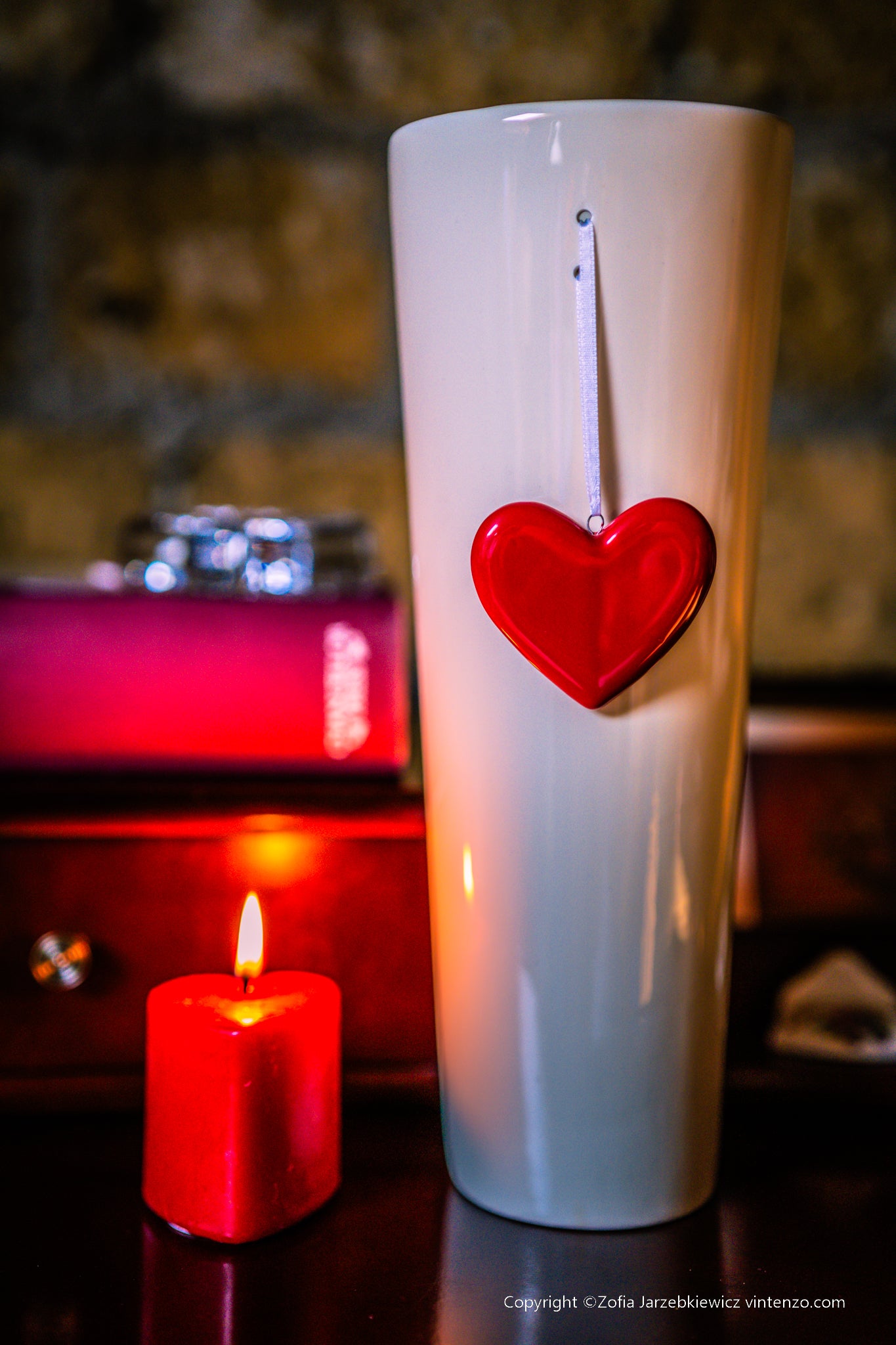 Tall Ceramic Cream Vase with a Red Ceramic Love Heart