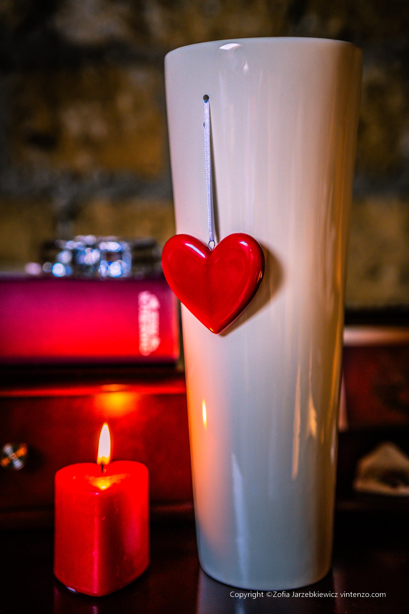 Tall Ceramic Cream Vase with a Red Ceramic Love Heart