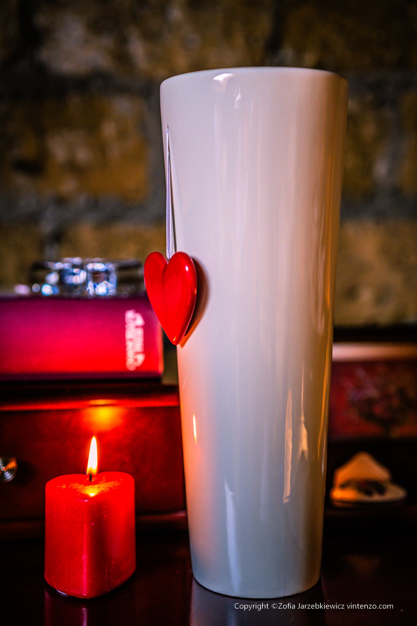 Tall Ceramic Cream Vase with a Red Ceramic Love Heart
