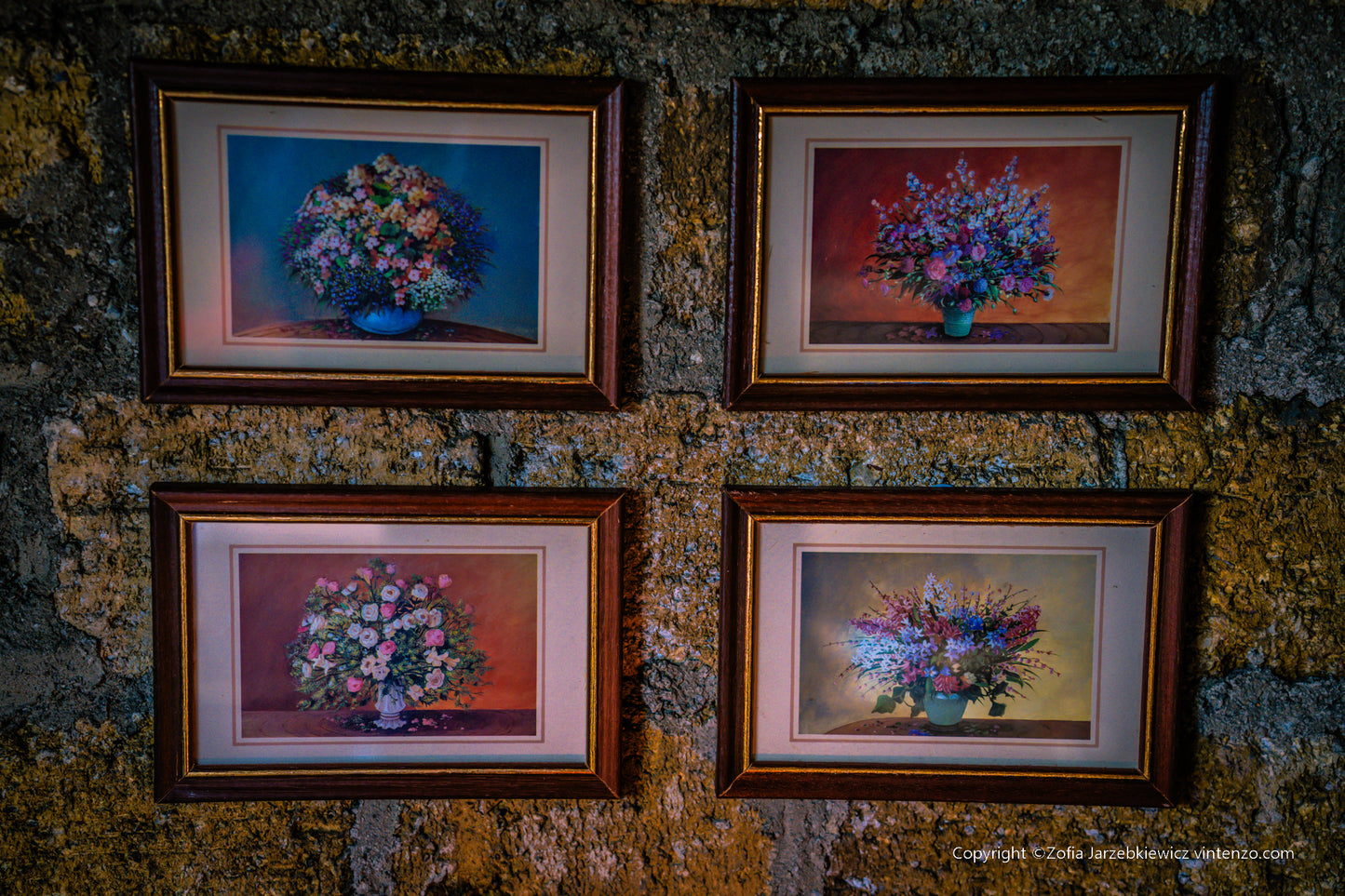 Vintage Print of Flowers in a Wooden Frame Set of 4
