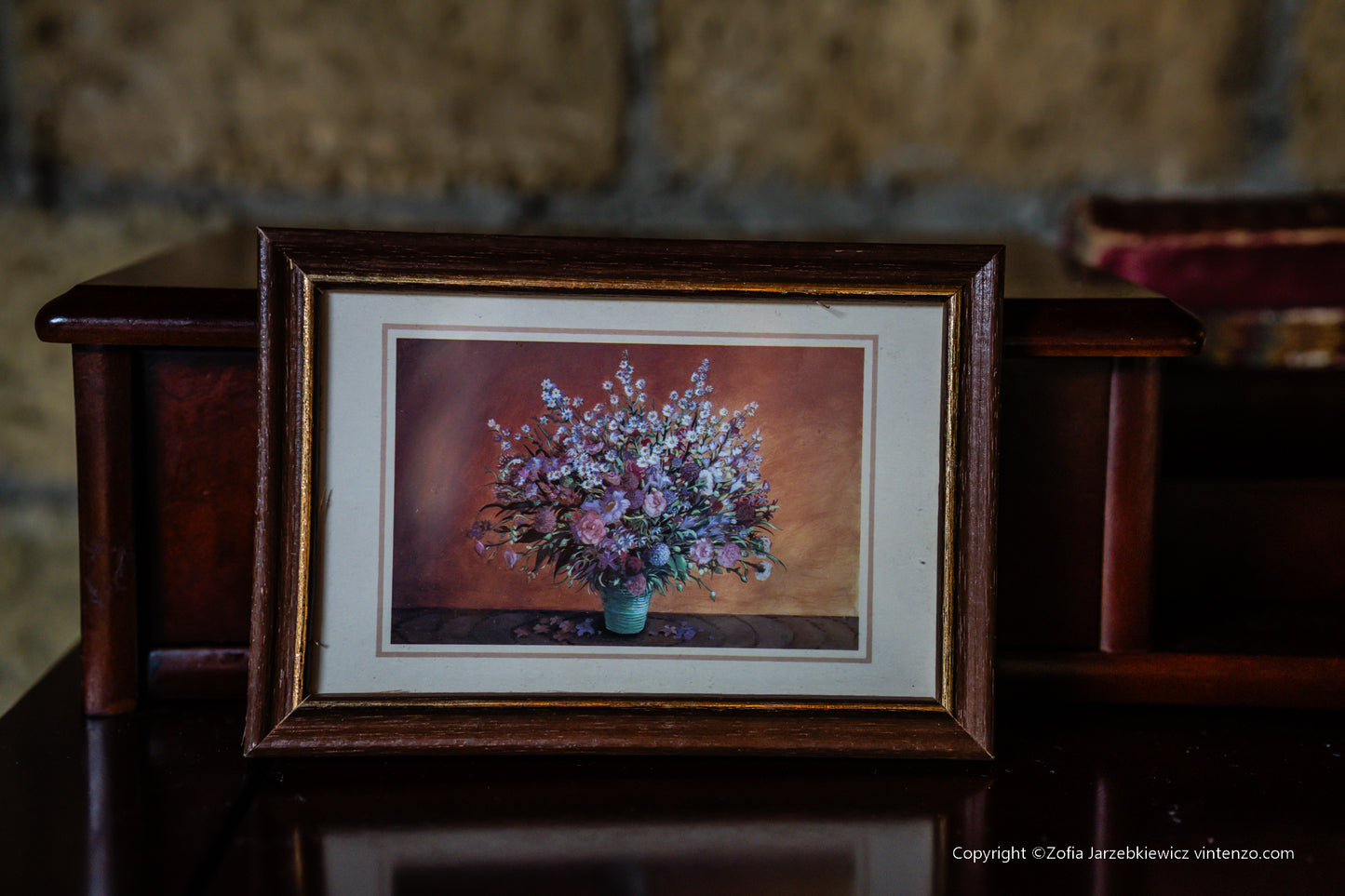 Vintage Print of Flowers in a Wooden Frame Set of 4