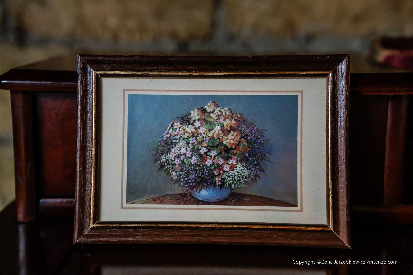 Vintage Print of Flowers in a Wooden Frame Set of 4