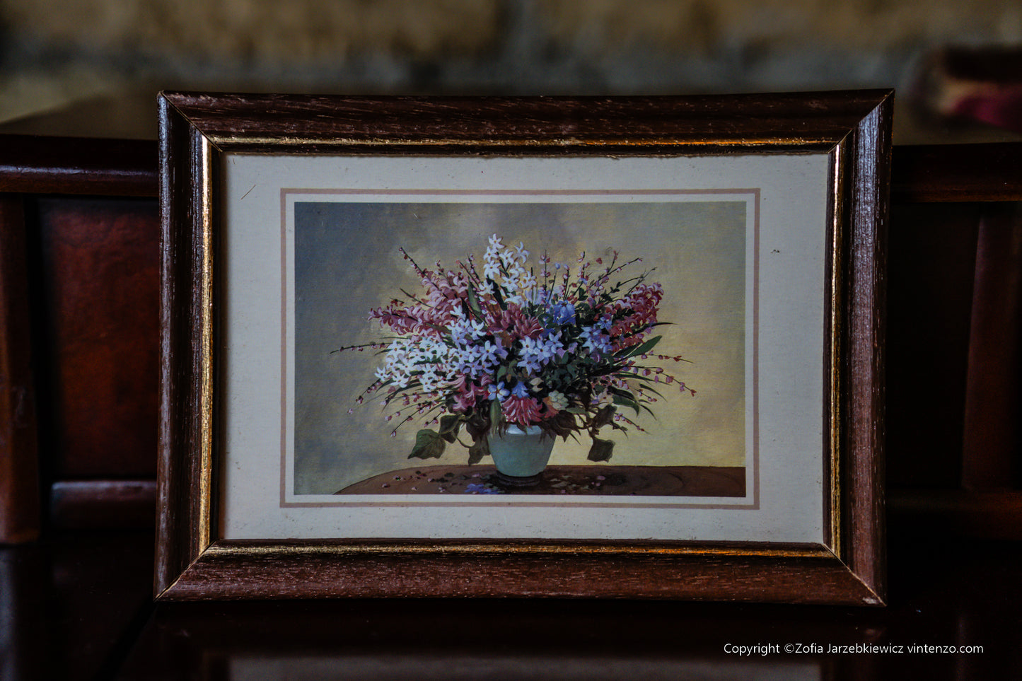 Vintage Print of Flowers in a Wooden Frame Set of 4