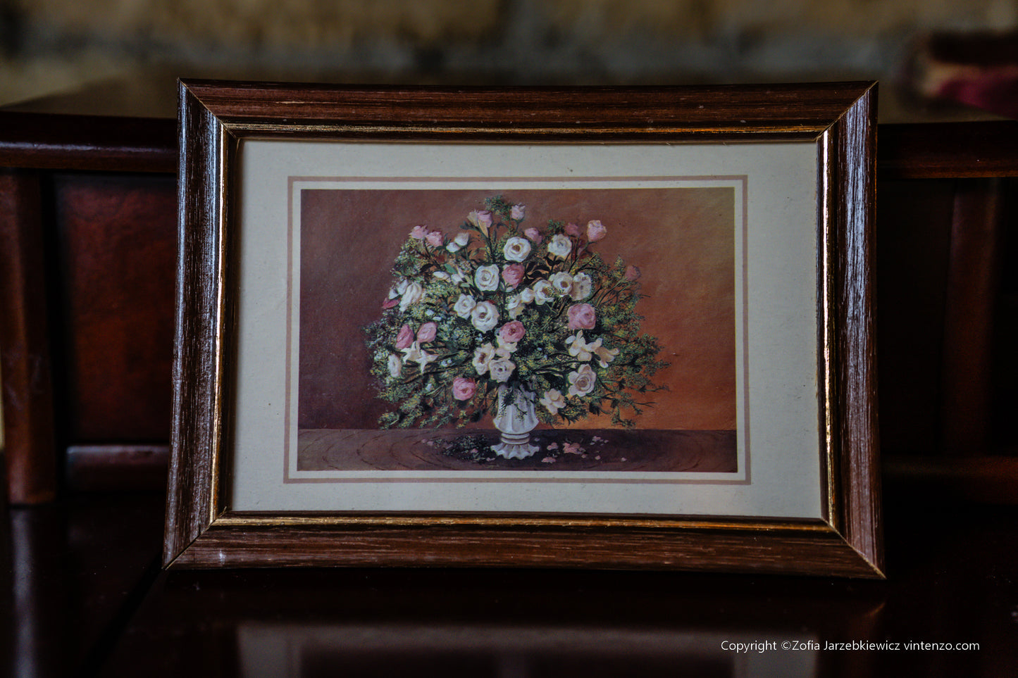 Vintage Print of Flowers in a Wooden Frame Set of 4