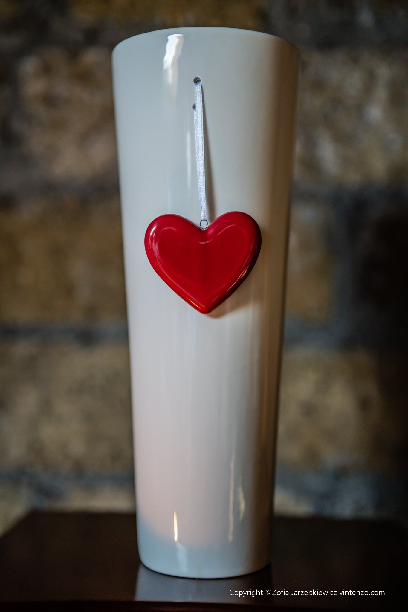 Tall Ceramic Cream Vase with a Red Ceramic Love Heart