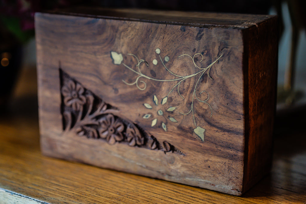 Small Wooden Box with delicate brass leaves