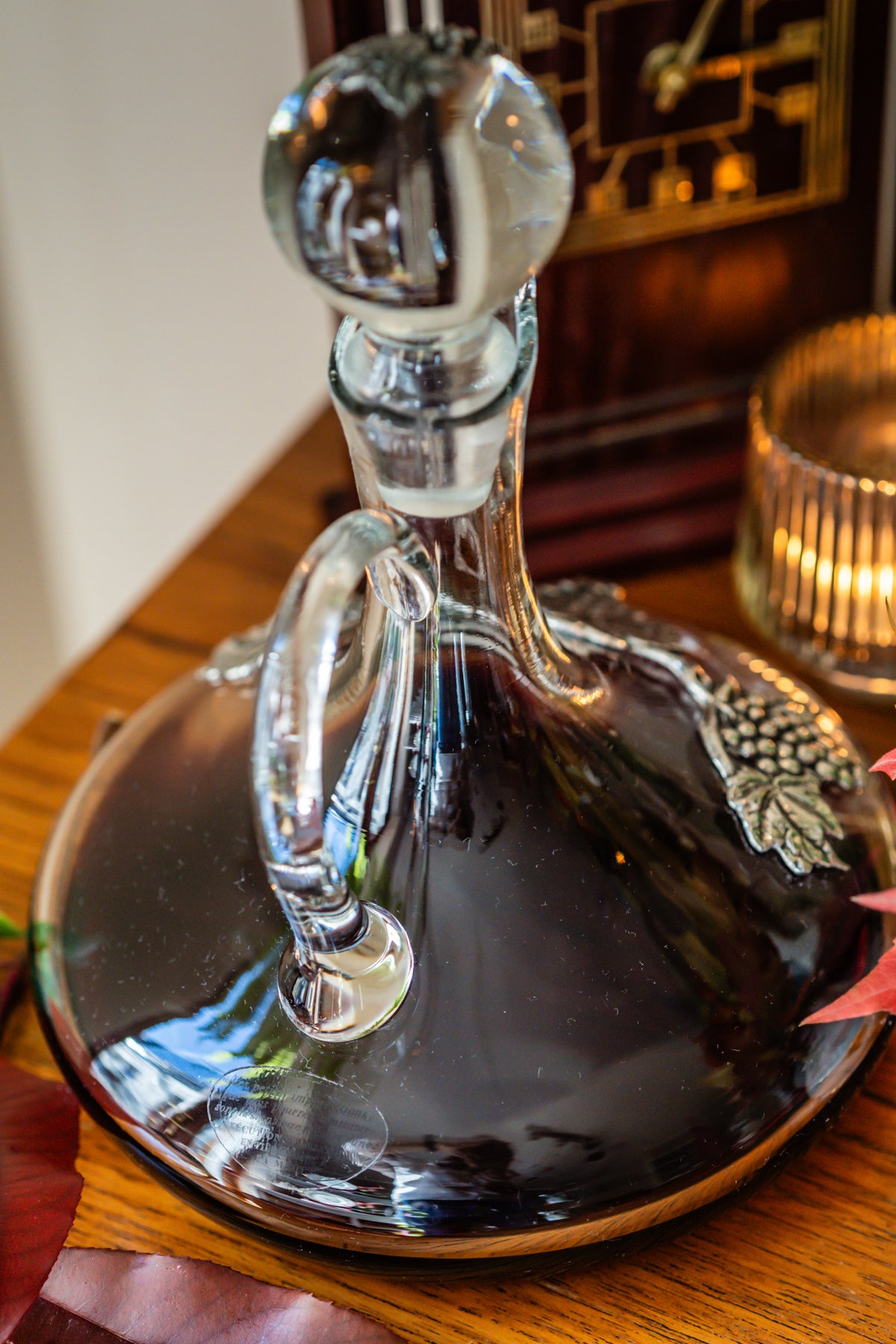 Vintage Glass and Metal-Ornamented Wine Decanter Metal Leaf and Grape