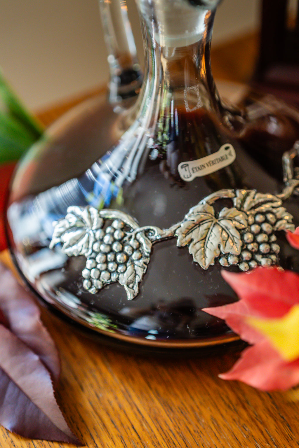 Vintage Glass and Metal-Ornamented Wine Decanter Metal Leaf and Grape