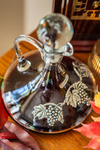 Vintage Glass and Metal-Ornamented Wine Decanter Metal Leaf and Grape