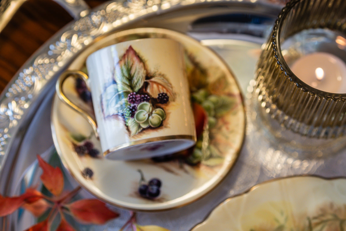 Aynsley Set including Coffee Cup and a Dessert Plate Orchard Gold