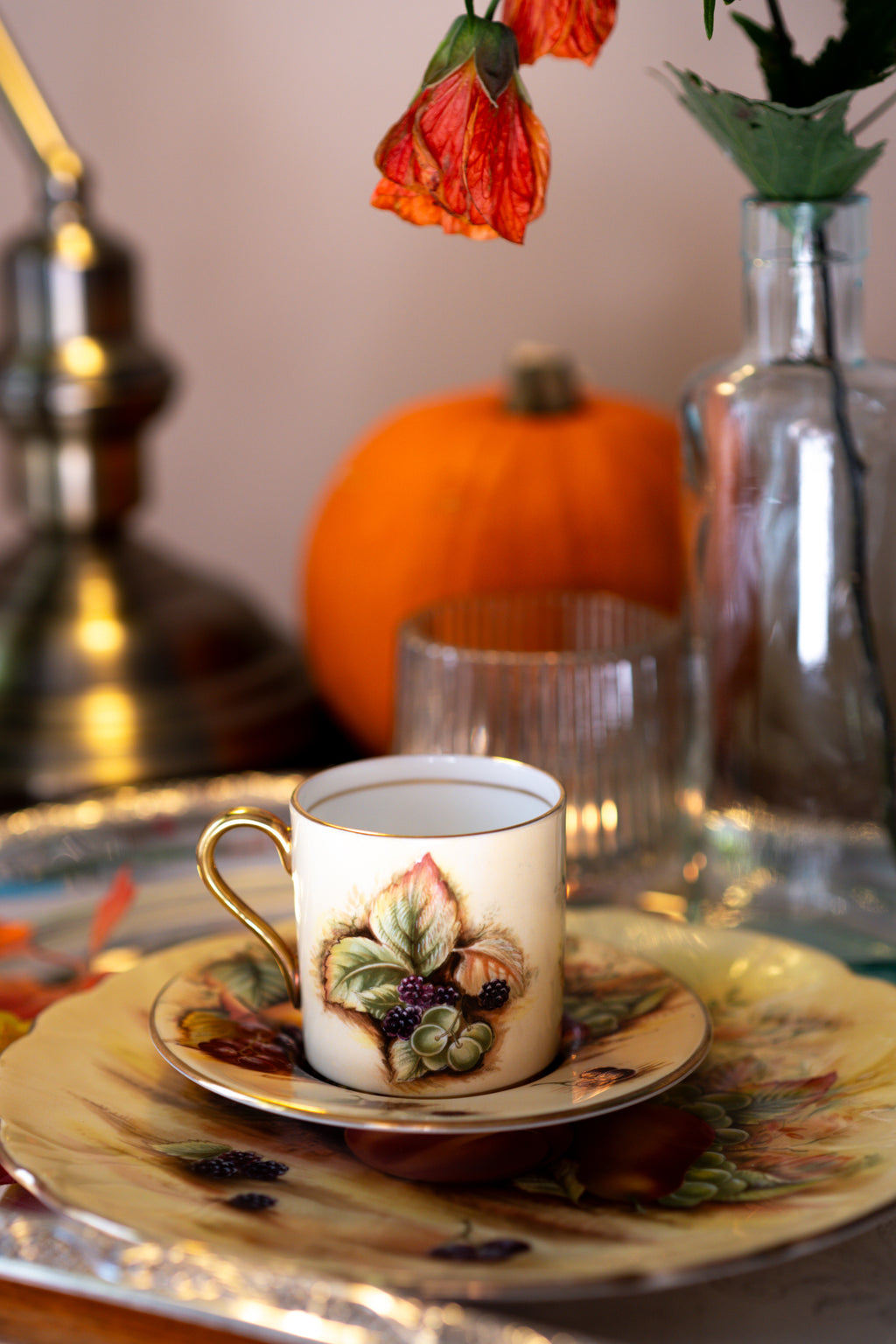 Aynsley Set including Coffee Cup and a Dessert Plate Orchard Gold