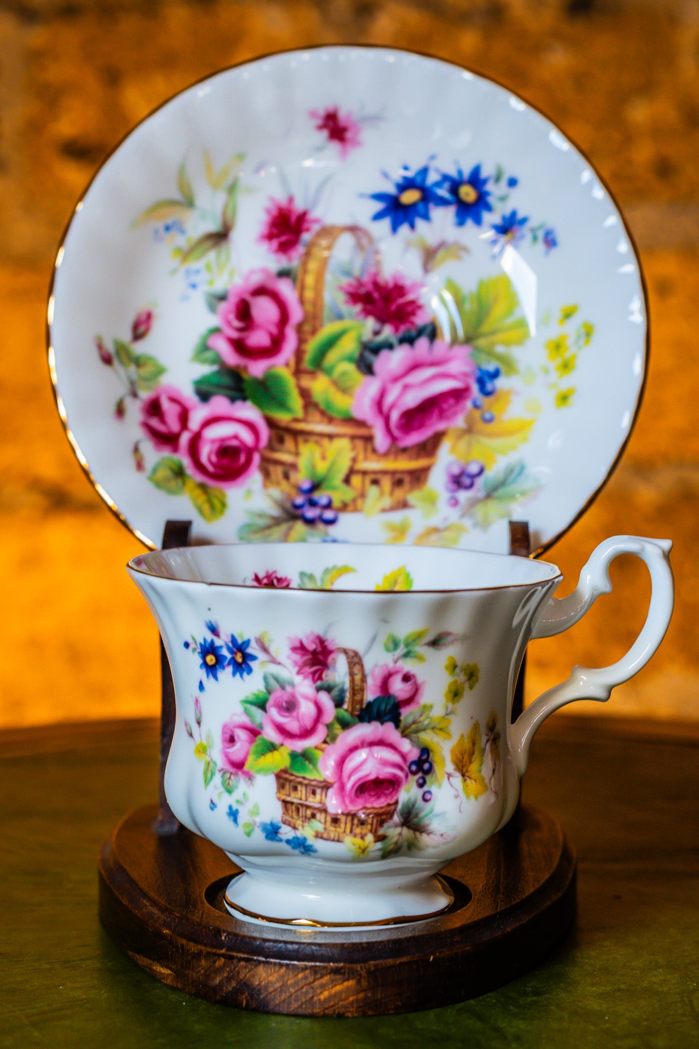 Royal Albert Pink Roses in a Basket Vintage Tea Cup and Saucer