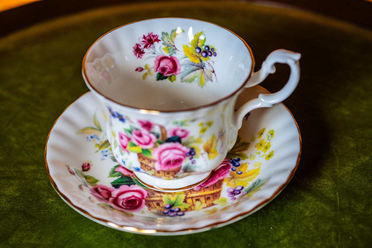 Royal Albert Pink Roses in a Basket Vintage Tea Cup and Saucer