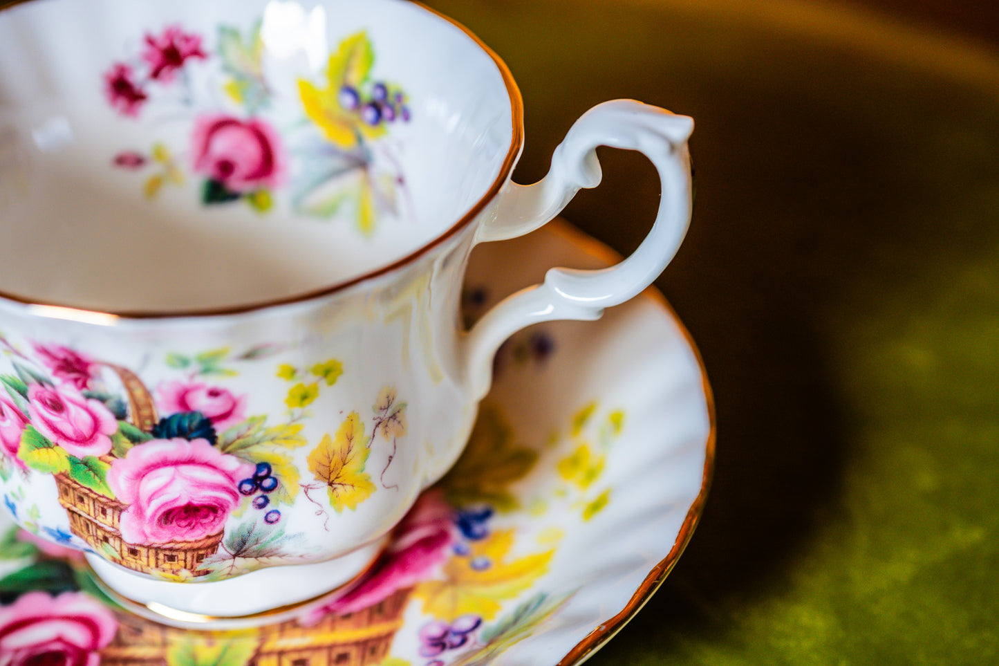 Royal Albert Pink Roses in a Basket Vintage Tea Cup and Saucer