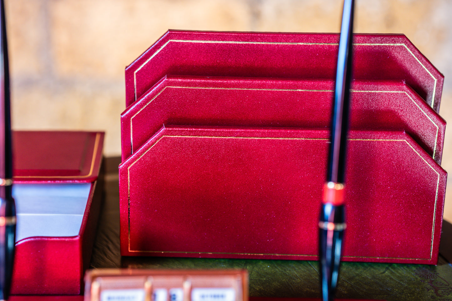 Fred Rees Vintage Leather Perpetual Calendar Set – Burgundy Red Leather Base with Gold-Tone Accents