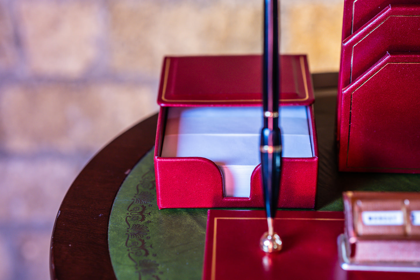 Fred Rees Vintage Leather Perpetual Calendar Set – Burgundy Red Leather Base with Gold-Tone Accents