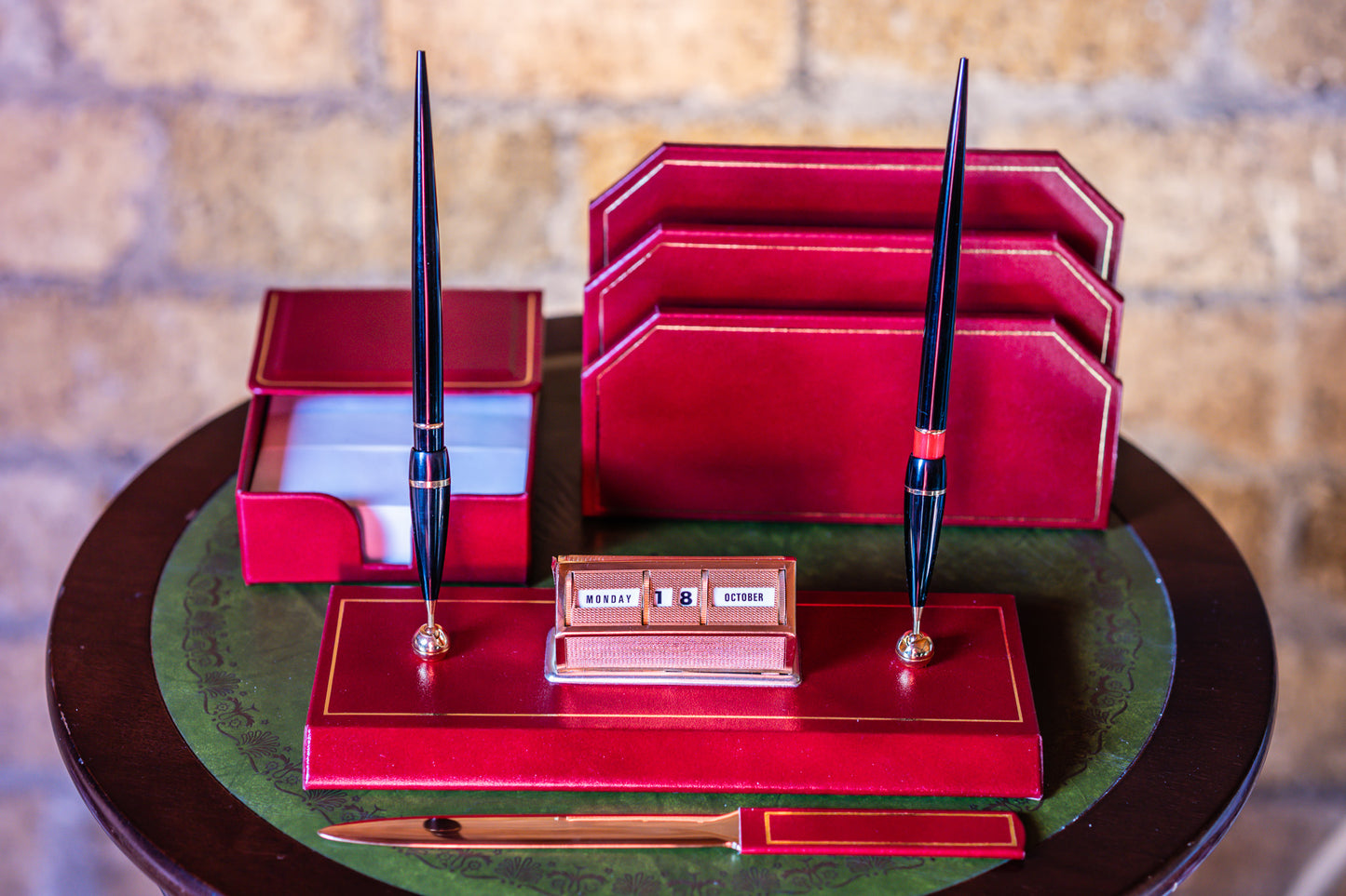 Fred Rees Vintage Leather Perpetual Calendar Set – Burgundy Red Leather Base with Gold-Tone Accents