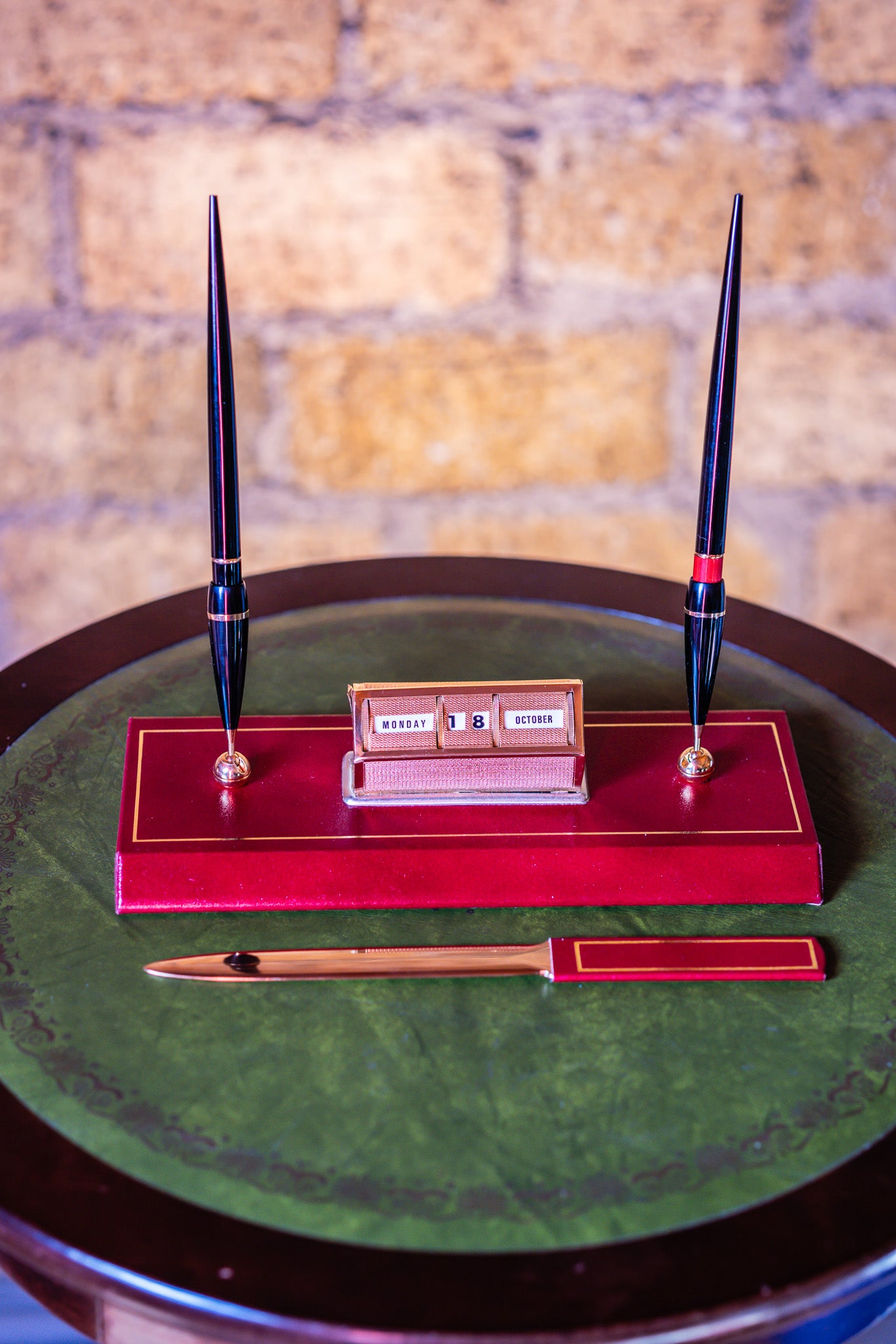 Fred Rees Vintage Leather Perpetual Calendar Set – Burgundy Red Leather Base with Gold-Tone Accents